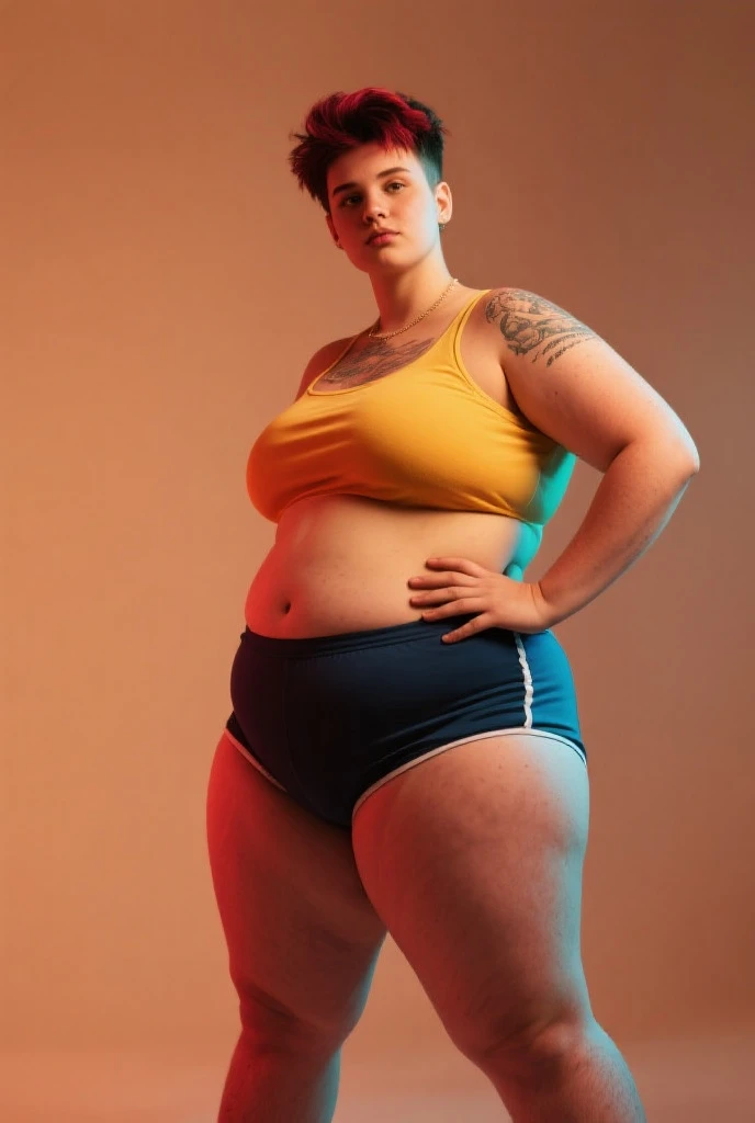 A chubby blonde milf woman who weighs 200 kilos and has rolls, She is very sweaty and is raising her arms and showing her very hairy armpits. She has a beautiful face and has very huge breasts and has a lot of hair in her armpits., She is wearing a very tight wet pink top and some wet pink sports shorts that highlight her big thighs and some pink stockings with white stripes and her too huge buttocks and she has hairy legs and her body is soaked with sweat and she is giving off a very bad smell and has an aura of bad smell