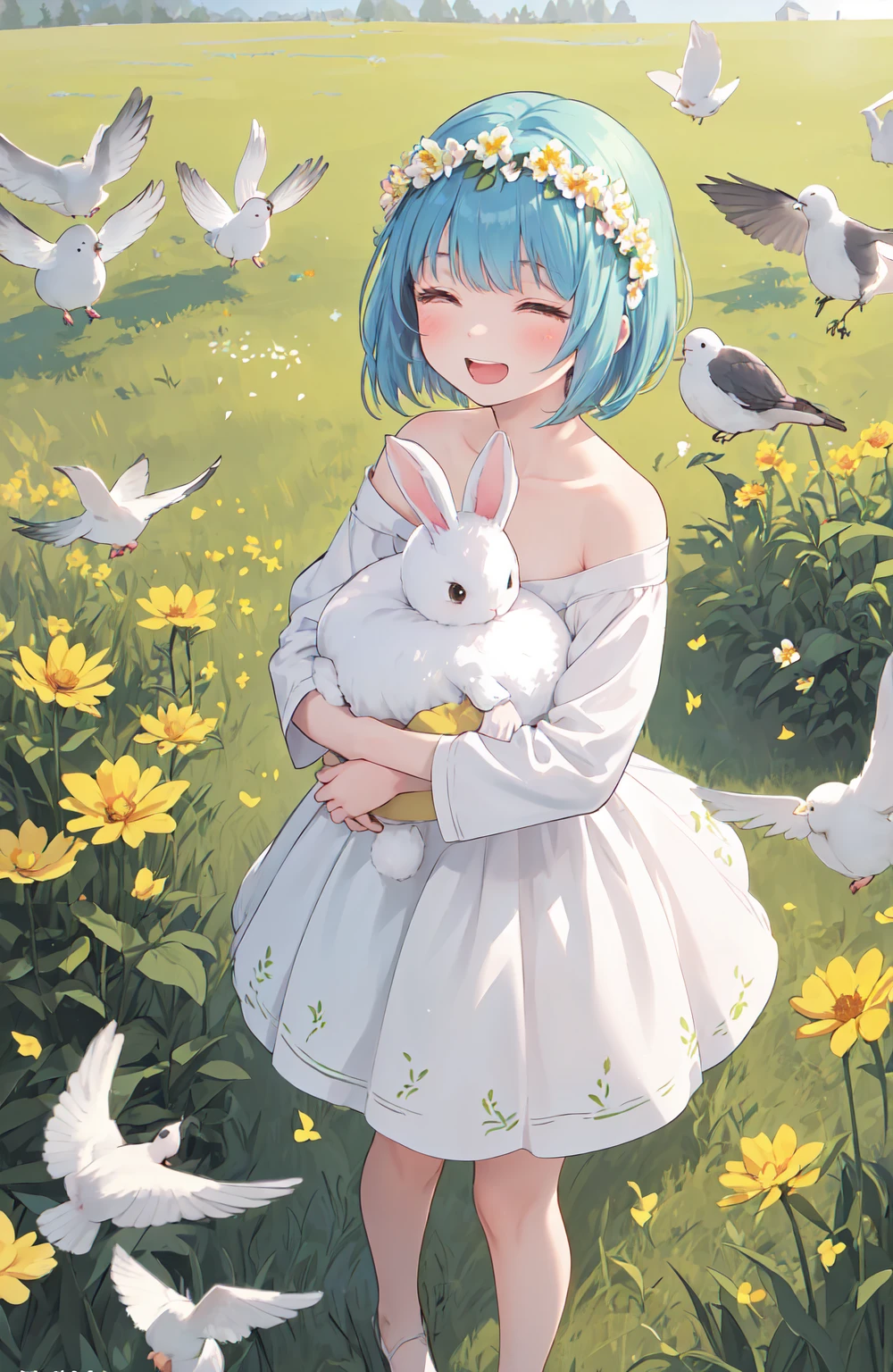 ((masterpiece,best quality)),1girl, solo, animal ears, rabbit, barefoot, knees up, dress, sitting, rabbit ears, short sleeves, looking at viewer, grass, short hair, smile, white hair, puffy sleeves, outdoors, puffy short sleeves, bangs, on ground, full body, animal, white dress, sunlight, brown eyes, dappled sunlight, day, depth of field