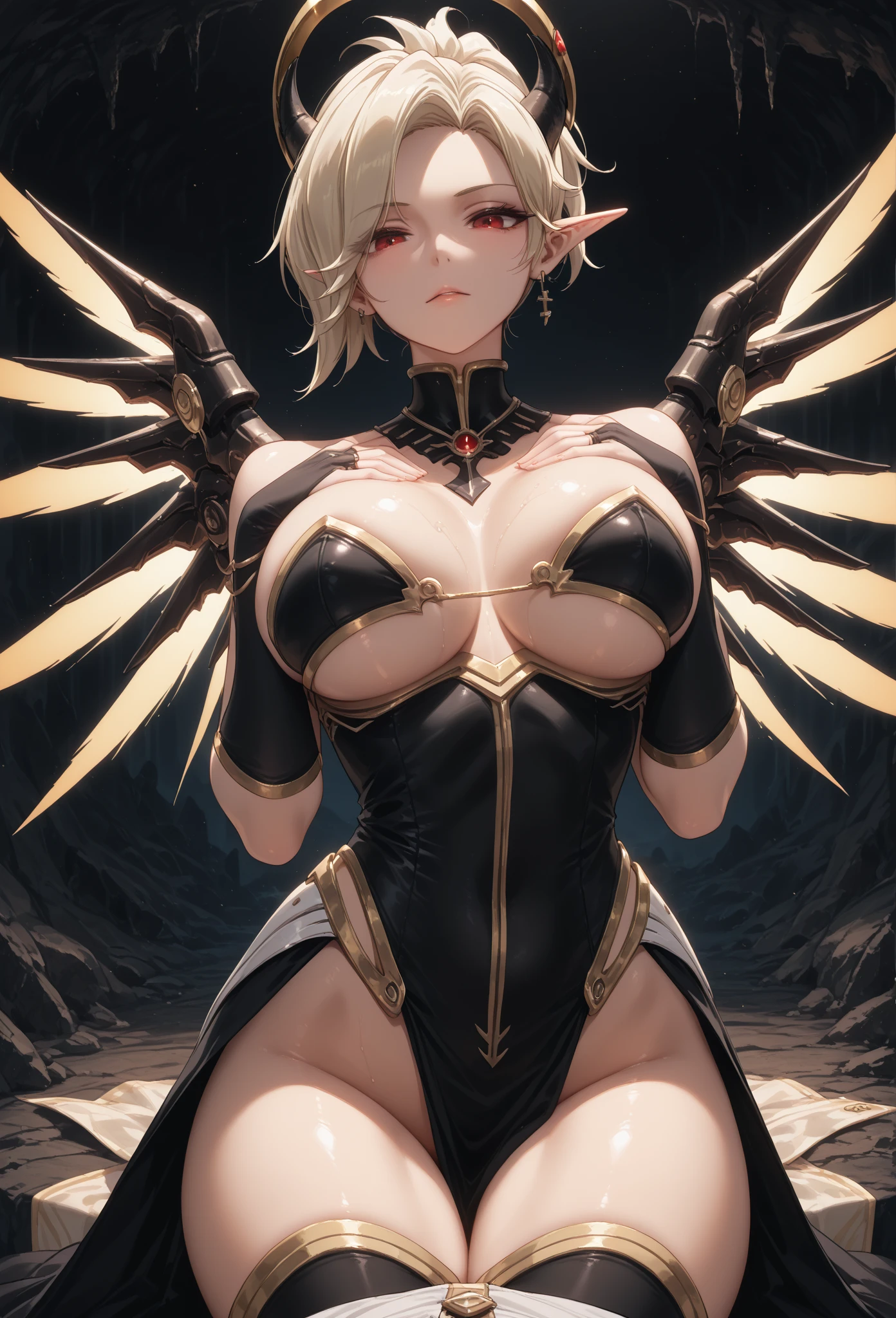 nsfw, (Perfect Anatomy)、Mastepiece、Ultra High Quality、 8K、masterpiece、Highest quality、Ultra-high resolution、Maximum resolution、Very detailed、Professional Lighting、anime、woman、thin、so beautiful、Highly detailed eye、Highly detailed face、Golden earrings、Blonde, hair bun, Yellow Eyes、Mid-chest,Valkyrie armor, white open mini skirt , full body, gold pattern, white super long boots, white long gloves, female martial artist, high heels, white clawed gauntlets, white cute headgear, fighting stance, gold knee armor, Summoning thunder, wings grow from legs, Chinese Martial Arts, eyeshadow, female masturbation, sex toy