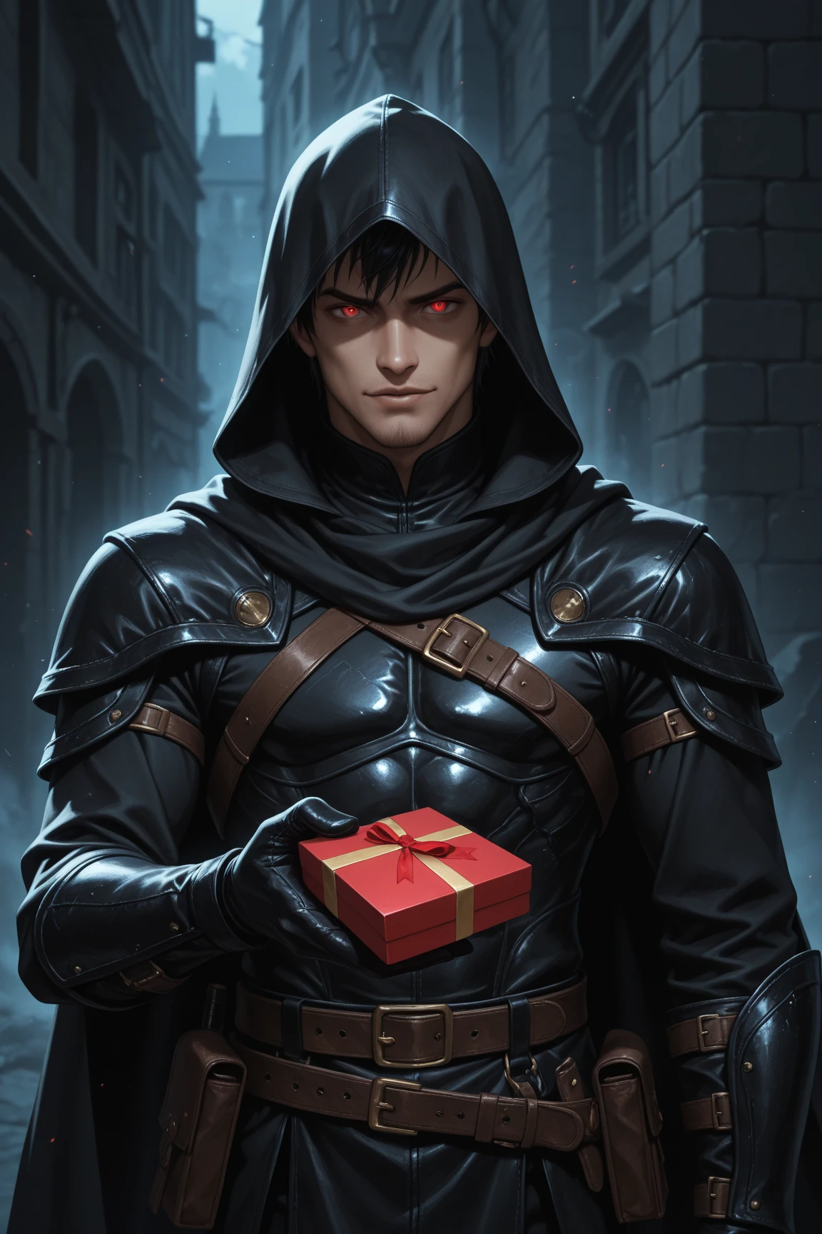 1boy,solo,fort、Thief、fantasy,evil person、evil、bad expression、disaster々Shii Box、Hold a small box in your hand、