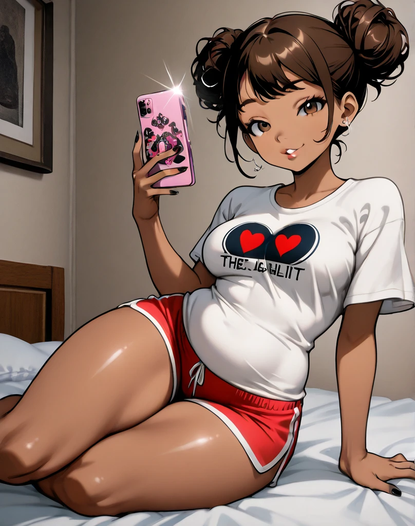 ((masterpiece, best quality)), full body, (solo 0.6), Dora, bracelet, (dark skin 0.6), dark brown hair, short hair, brown eyes, (dark nipples 0.8), indoors, night, sheer white invisible, nightgown, see through nightgown, pink pajama pants, grinning, reading a book, on bed, on all fours, from behind, looking back, young, large breasts