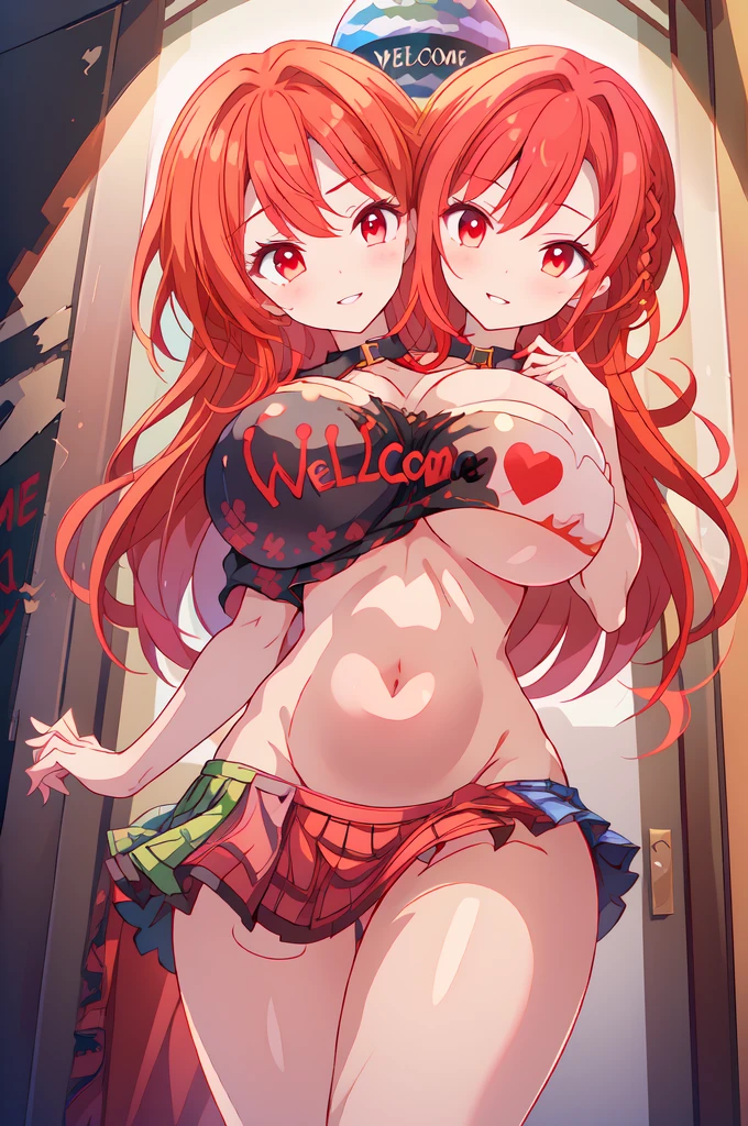 (masterpiece, best quality), best quality, (ultra-detailed), ((3heads:1.5)), 1girl, (Singyoku :1.3), masterpiece, best quality, ultra quality, ultra resolution, ultra detail, red top, crop top, ((stomach)), midriff, ((groin)), red skirt, normal ears, shackles, flowing red hair, very long hair, wavy hair, sidelocks, glowing red eyes, parted lips, detailed eyes, very beautiful eyes, smiling, cute, toned belly, hand on own chest, eyelashes, (2 woman:1.3), (masterpiece:1.5), (best quality:1.5), (beautiful detailed), extremely detailed CG, extremely delicate and beautiful, depth of field, (finely detailed face), (perfect details:1.2), (mature female:1.3), sexy body, slender, large veiny breast, 16k resolution, highres, very high quality, very high definition, extremely detailed, masterpiece, flowing red hair, long hair, alluring presence, braid, short skirt, close up, big tits, huge breasts, young, horns, girl with three heads, three headed girl,