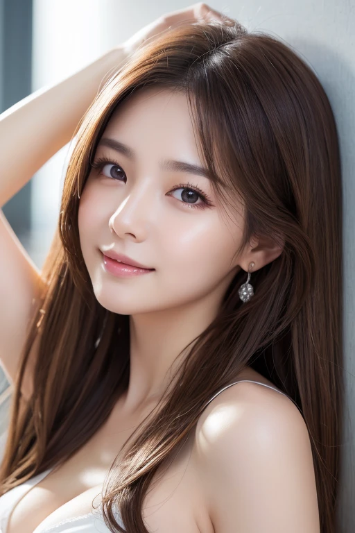((masterpiece: 1.4, best quality))+,(ultra detail)+, official art, unity 8k wallpaper, ultra detail, beautiful, high quality, Highlight your cute face,  masterpiece, best quality, semi straight hair medium length hair, (brown eyes, brown hair), bust, looking straight ahead, laugh, (bust 누드:1.4), (bust:1.3)