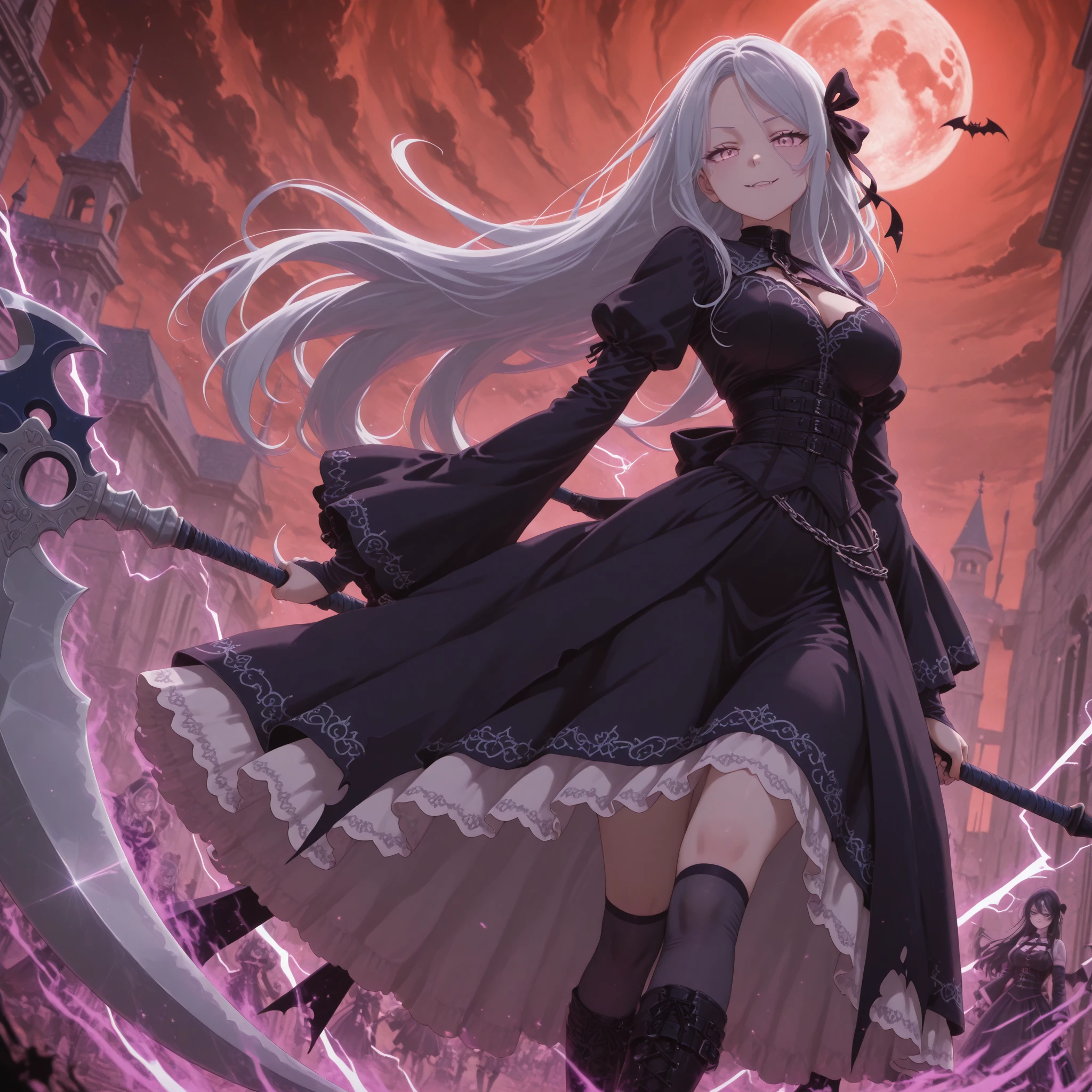 anime comic illustration fantasy art, gothic art, portrait of a female vampire elf, casting dark spell, with a long curvy hair, light color hair, red eyes, busty, Ultra Detailed Face, small pointed ears, blue cloak,  flowing cloak, wearing an intricate black leather dress,  high heeled boots, fantasy urban background, fantasy, at night light, natural ,moon light, clouds, gothic atmosphere, soft light, dynamic light,  high details, best quality, 32k, [ultra detailed], masterpiece, best quality, (extremely detailed), dynamic angle, oil pastel