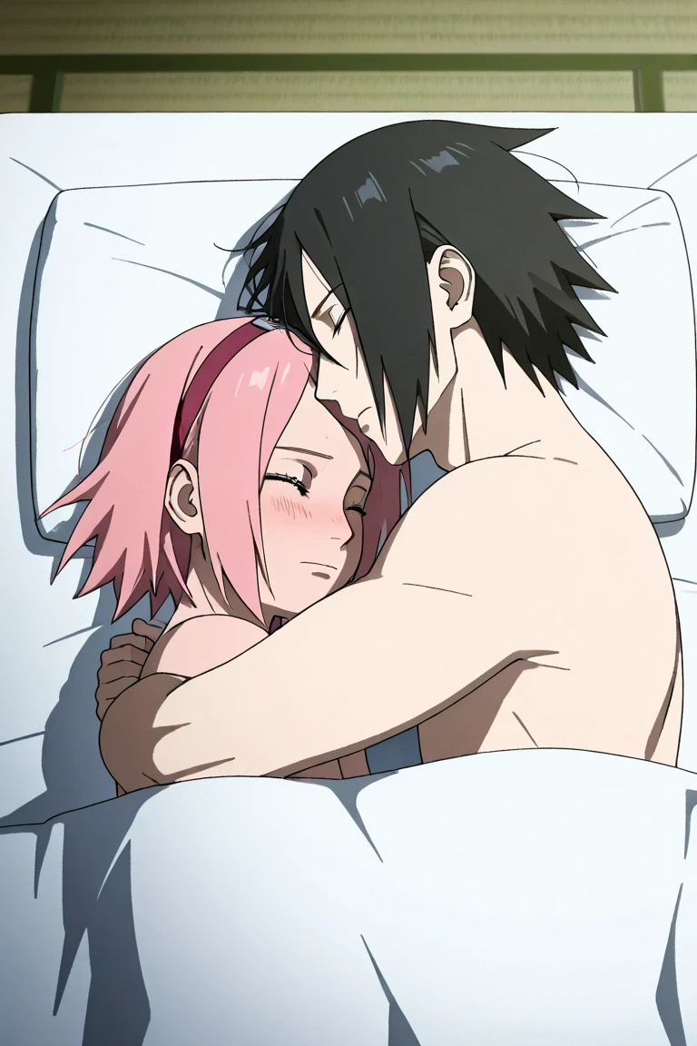 Draw a girl in the style of My Hero Academy, she has short wavy light pink hair, with sad blue eyes, and has a big chest, She is on a bed on all fours, Without clothes, next to bakugo