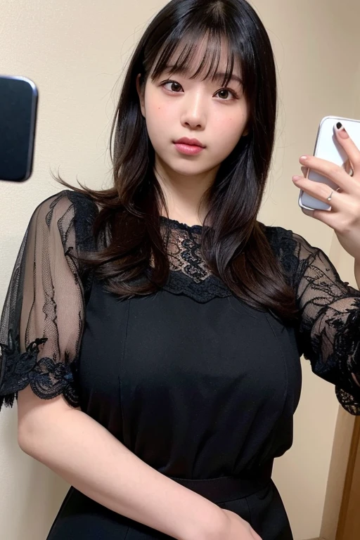 (Highest quality、8K、32k、masterpiece、Best Quality、Realistic))、Black Hair、Medium Hair、Short bangs、(Large Breasts、Wearing a short-sleeved dress:1.3)、Selfie、Sitting、M-shaped legs、Idol、room、Wearing loose cloth shorts