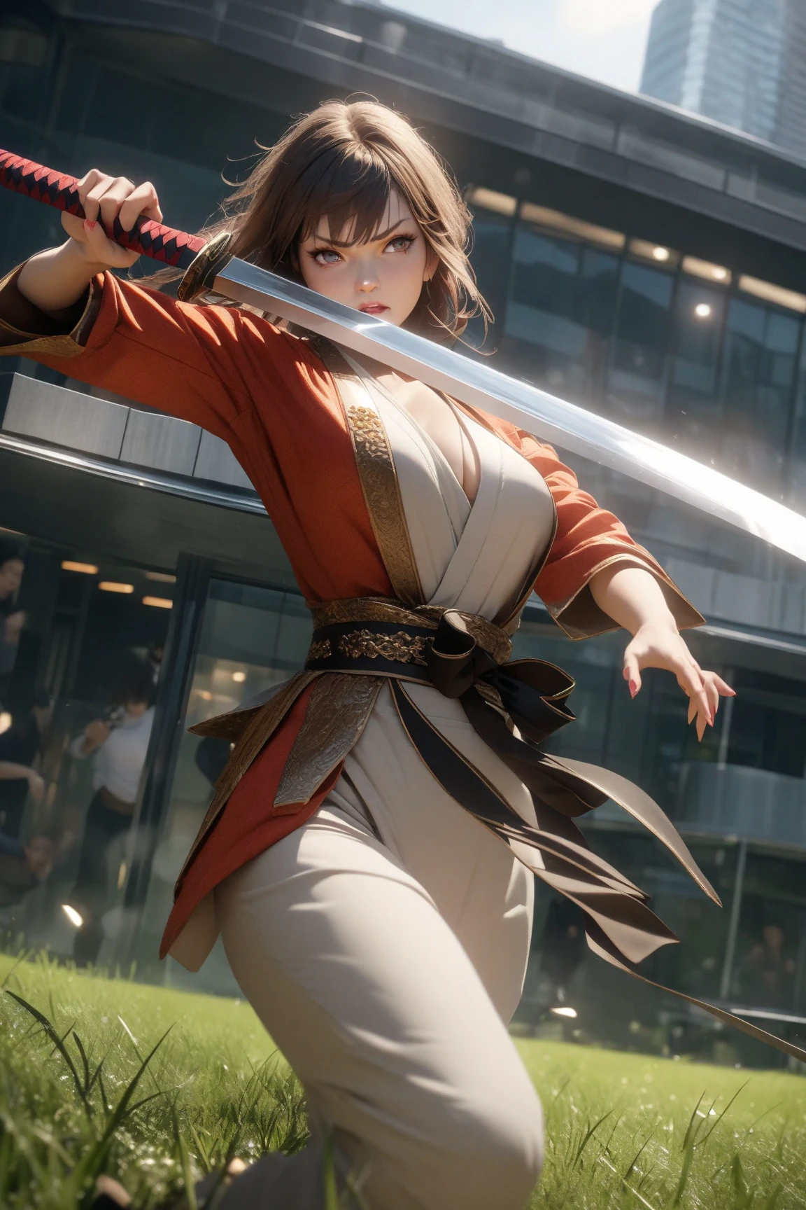 ((very sharp photo result & detailed face)) (((textile shading))), (((Best Quality))), (((masterpiece))), (((hyper realistic photo))) low angle camera shoot, fierce Japanese girl martial arts battle, short skirt satin kimono with dragon motif, big breast, red lace bra shown from opened kimono, cleavage shown, upskirts, she is very sweating, moist face facial pore detail exposed, dynamic action pose, (high-flying kick from above, she is kicking 2 ninja opponents) intense combat, surround by full weapon ninjas, very choreographic & energetic, detailed face, action-packed, dramatic shadow and light