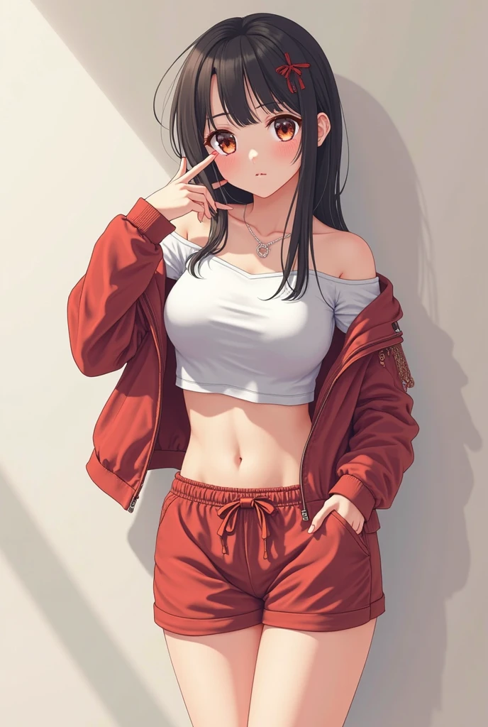 masterpiece, best quality, highly detailed, ultra high res, ayase arisa, 1girl, solo, perfect body, hair ornament, glossy lips, medium breasts, midriff, short shorts, cleavage, jacket, ponytail, hands in pockets