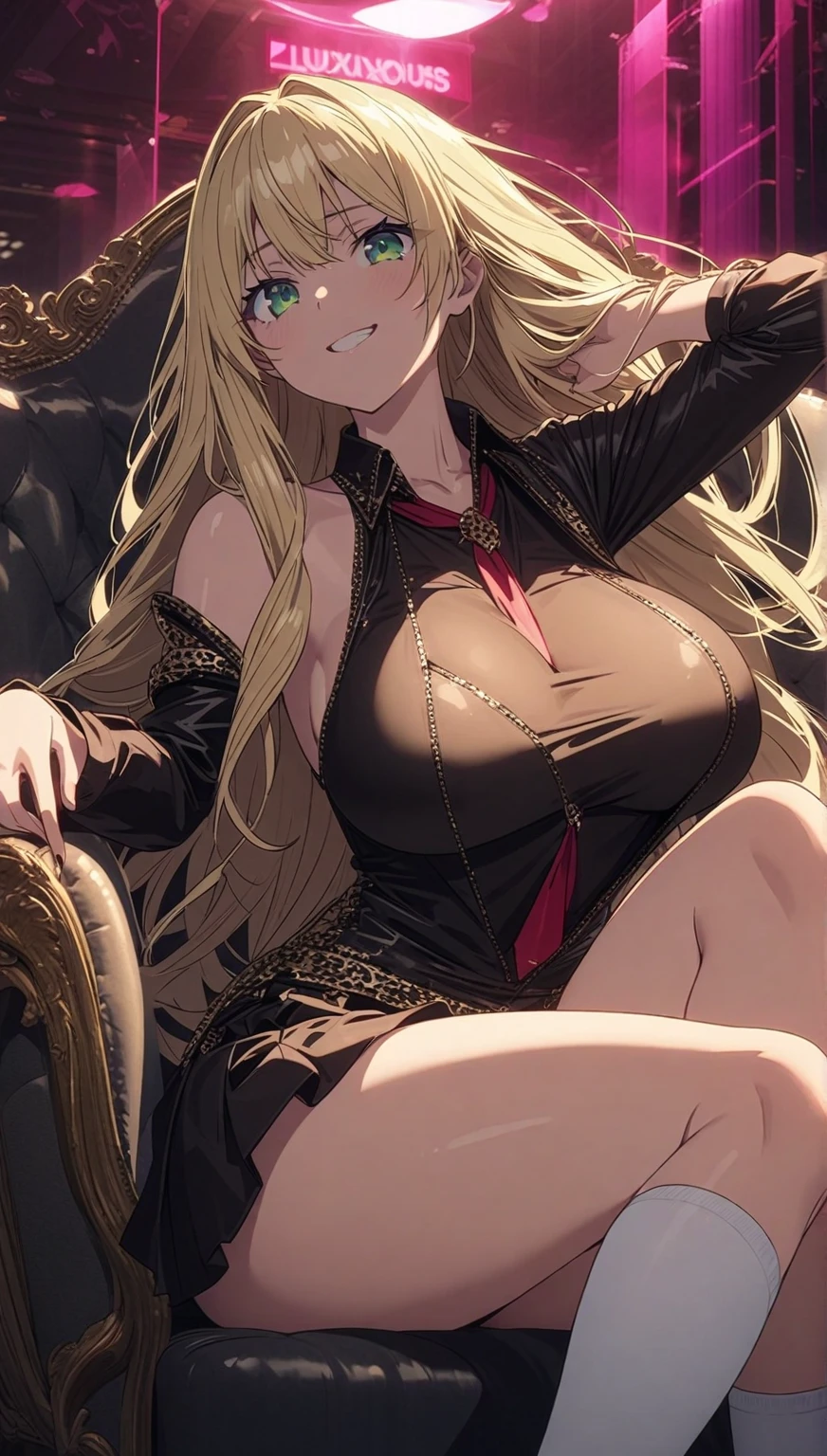 ((masterpiece)), ((best quality)), woman, ((curvy figure)), tanned skin, ((mischievous smile)), long hair, ((loose curls)), ((sunlight reflection) in the hair), ((short dress with a thigh-high slit)), ((no underwear worn underneath)), ((subtle shadows highlighting her curves)), ((leaning slightly to the side and looking towards the camera with a seductive stare)), ((big, round buttocks protruding out attractively but not completely exposing any flesh)), ((sexy finger placed on her chin)), ((hyper realistic rendering of every detail and texture, from her lustrous hair to the intricate pattern of her dress's material)), ((ultra high