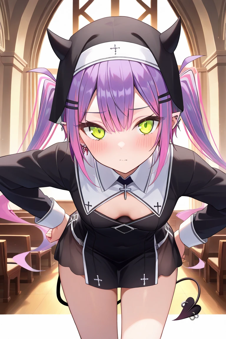 ((masterpiece, ultra-detailed, intricate details, best quality, illustration)), (Masterpiece, best quality, complex details: 1.2), (masterpiece, top quality, best quality, official art, beautiful and aesthetic:1.2), (masterpiece, best quality, highres:1.4), (the best quality:1.2), (best quality), (masterpiece), (ultra detailed), (highres), (super fine illustrations:1.2), (dynamic pose), extreme detailed, exquisite masterpiece, high detail, 8k, 4k, highest detailed, production art, satou, ((nun)), (church), victorian era, black thigh high, 1girl, (((mature female))), tall, solo, long hair, ahoge, detailed dress, looking down, sitting, cross legs, red eyes, long bangs, blurry, hair between eyes, light rays, blurry background, pink hair, wavy hair, (((ringed eyes))), (((((empty eyes))))), light particles, high heel, big breast, thick thighs, lace trim, ((((yandere)))), ((evil smile)), (evil), blood on clothes, crazy, smug, (((seductive smile))), crazy eyes