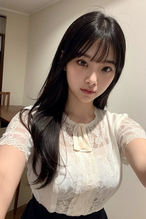 Melhor qualidade, 8K, There is a woman with long hair sitting on a bed, Ulzzang, cabelo longo com franja completa, cabelo longo com franja, penteado com corte hime branco, Sakimichan, franja longa e reta, cabelo preto longo com franja, ela tem cabelo preto com franja,  coreana, cabelo longo e escuro com franja, cabelo arrumado com franja, 8K))