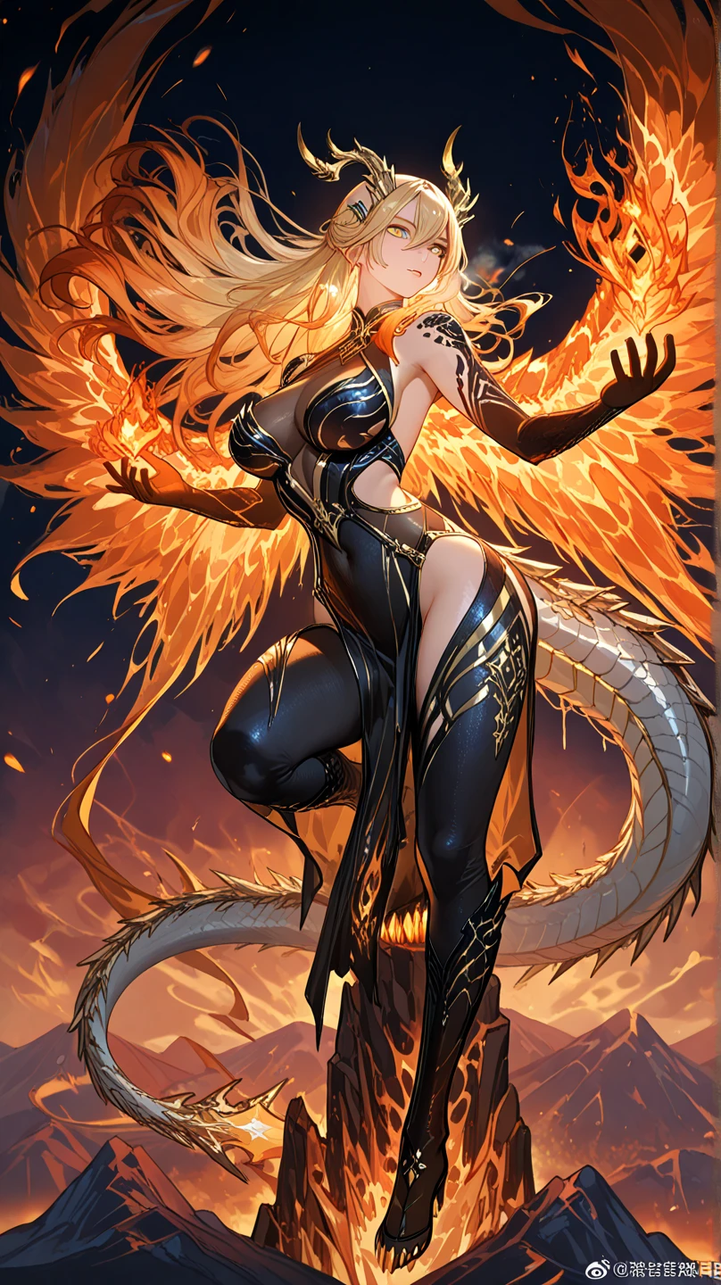 (best quality,4k,8k,highres,masterpiece:1.2, portrait), ultra-detailed, realistic, naked sexy dragon woman with glittering silver scales, skin is glittering silver scales, medium length fiery orange hair with black highlights, very playful but mischievous smile, huge tits, gigantic breasts, naked, nude, detailed crotch, detailed vulva, sexy pose, spread legs, playful, bi-coloured eyes, heterochromia, lustful