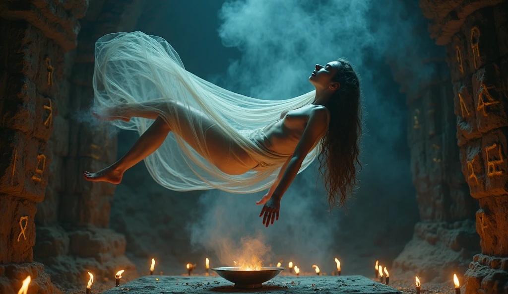 Joven hechicera con bola de luz en mano flotando y brillando, En las ruinas, ropas provocativas, nsfw, tanga