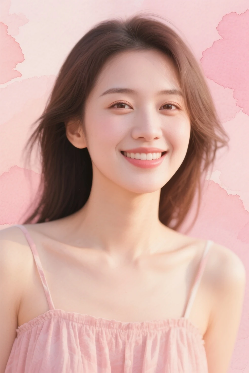 Cute beautiful woman, Smile, Shy, Light makeup, A large proportion, Background pastel color scheme, Soft and fluffy calming effect, Shadow Effect, Gradient Magic Effect, (Extremely detailed, Absolute resolution, best quality:1.3), 2.5D, Delicate and dynamic, Art Photography, Surrealism, Graphics CG Digital Art