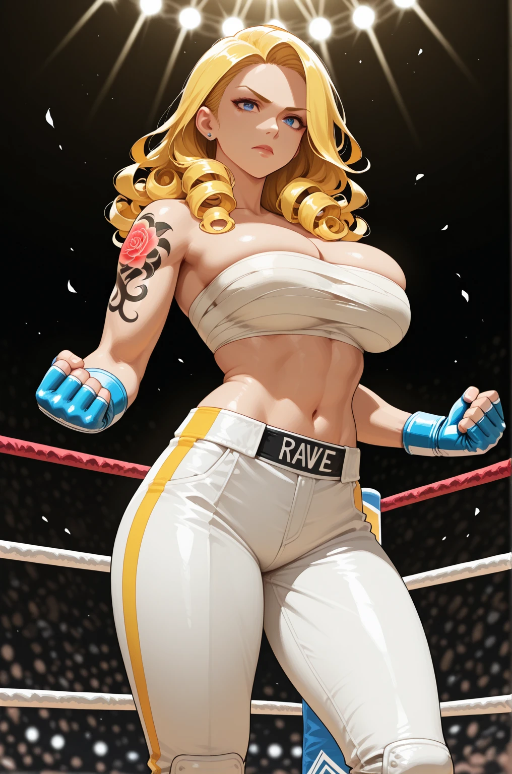 1girl, medium breasts, blonde hair, long hair, wavy hair, grey eyes, white feathered wings, angel, outdoors, white jacket, choker, tank top, jeans, wrestler, intricate details, detailed face, extremely detailed, photorealistic, highly detailed, 8k, hyperrealistic, dramatic lighting, cinematic lighting, natural lighting, vibrant colors, fantasy, angelic