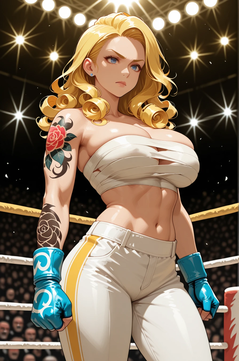 (beautiful detailed photo), (high quality image), (((woman with bodybuilder physique))), (((gorgeous face))), (((full plump lips))), (((beautiful eyes))), (((long curly blonde hair))), (big hair), (((huge muscles))), (((huge muscular upper body))), (((huge muscular laterals))), (((defined toned abs))), (((strong defined arms))), (((big breast))), (((big broad wide shoulders))), (((huge broad wide muscular shoulders))), (((huge broad muscular shoulders))), (((thin skinny thighs))), (((skinny legs))), (((tattoo on arm))), (((exposed cleavage))), ((sexy sports bra)), ((sexy spandex shorts)), (choker), (((sexy pose))), (full body view)