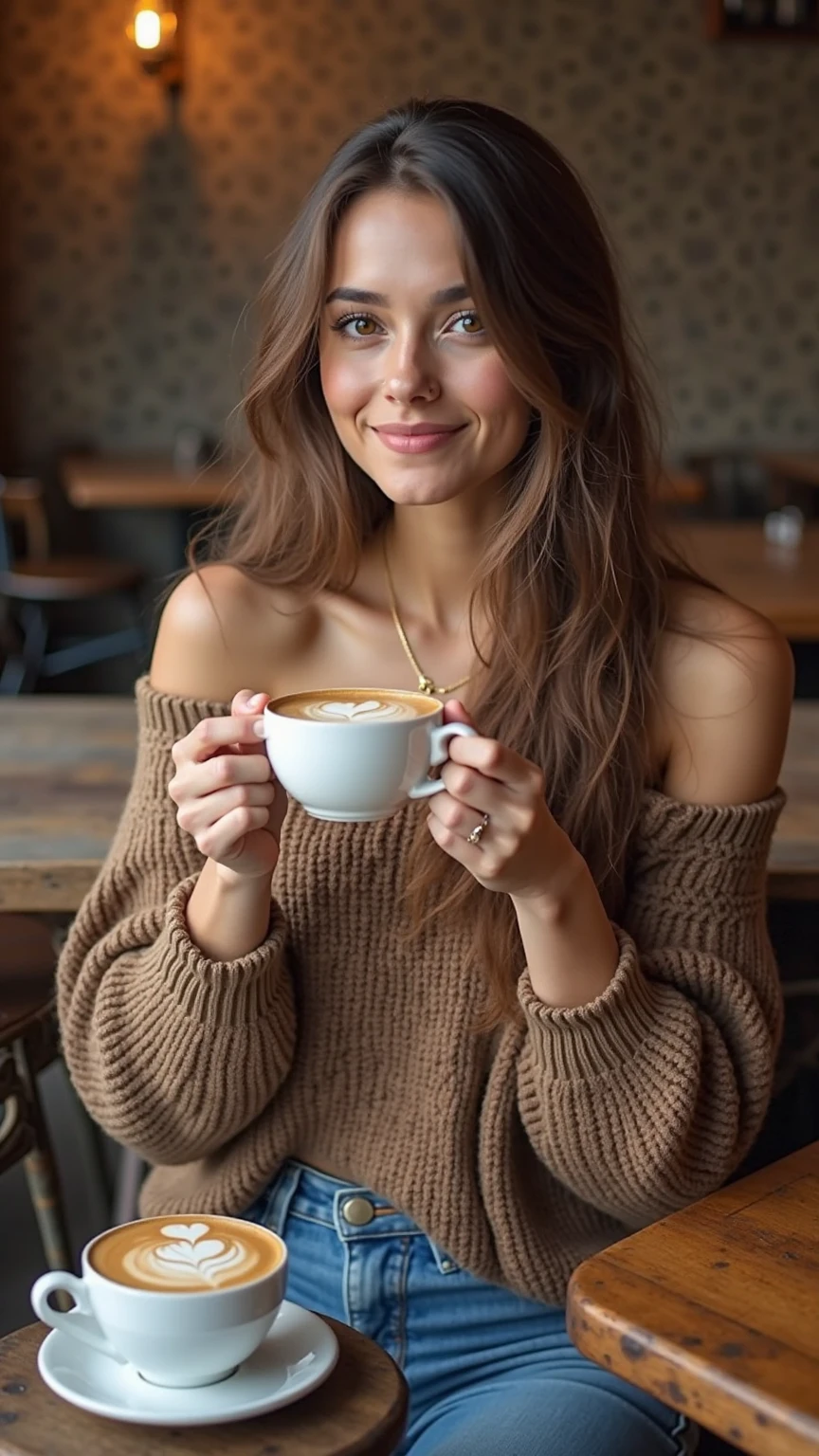A woman who with light skin and chocolate hair, a brown lace dress and a chocolate latte with whipped cream