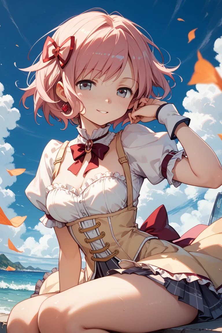 upper body,smile, leaning back,(knees to chest,knees up:1.3), (upskirt wind lift:1.2), ((flying high in the sky,blue sky,White cloud,falling)),hanako, short hair, (yellow eyes:1.3), pink hair, horns,dress, bow, tail, pantyhose,red dress, red footwear,(white bloomers,frills), collarbone, gemstone, juliet sleeves, puffy sleeves, choker, masterpiece,Noise Reduction,perfect anatomy,high resolution, ultra-detailed,game cg,dutch angle ,beautiful detailed eyes,visualart,five fingers, perfect hands, perfect lighting,