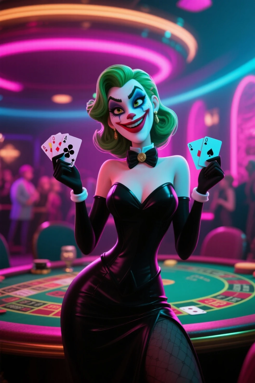 [(seductive, alluring art:1.4) ::7], (masterwork:1.4), BREAK (provocative joker in a playful bunny suit:1.3), (1female, alluring woman, playful smile, mischievous eyes), [black and white bunny suit: vibrant red bunny suit: 0.70], (green hair), [white gloves: black gloves: 0.60], (fishnet stockings), (high heels), BREAK (playing card prop:1.2), (colorful stage:1.1), spotlights, (smoky ambiance:0.9), (seductive pose), (teasing expression), (dark background:1.2)