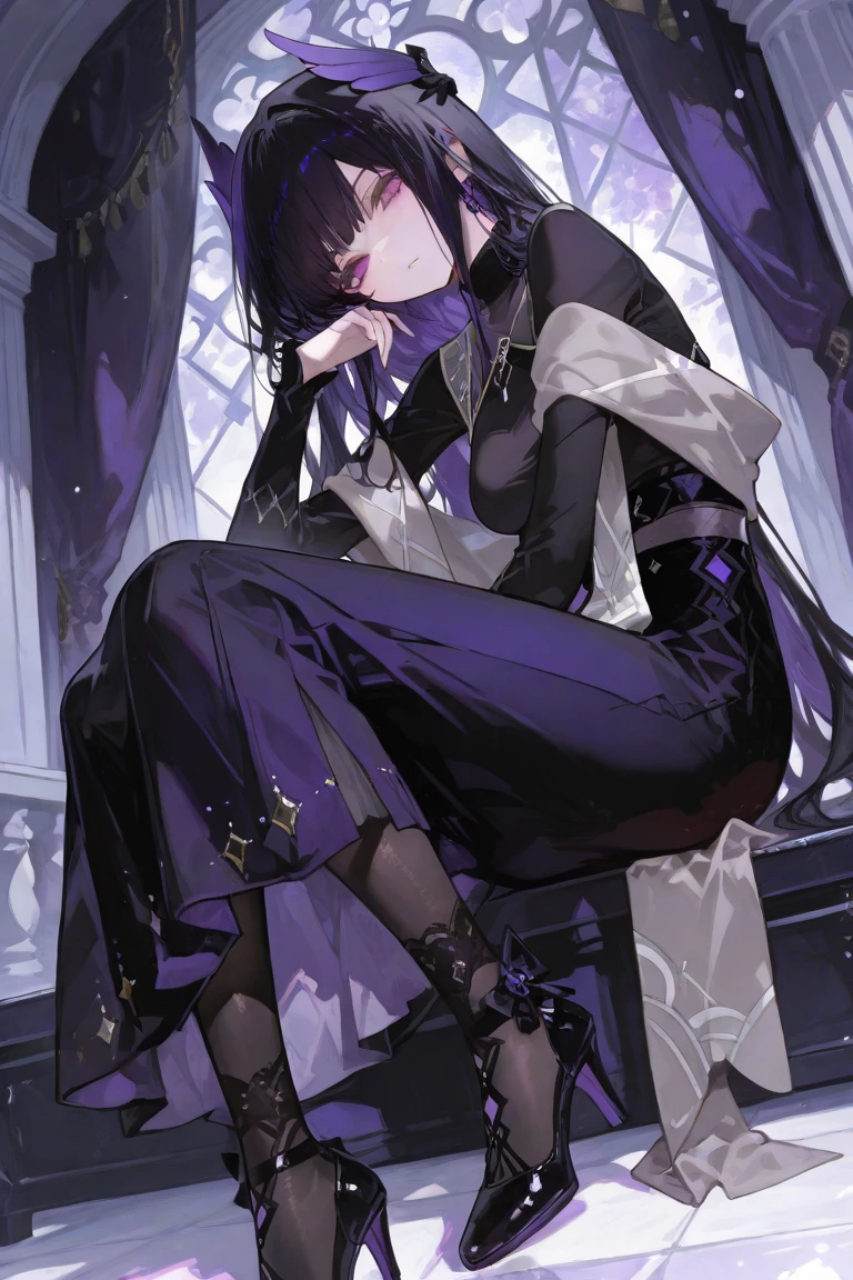 Blade from honkai star rail, calm, detailed, beautiful face, calm atmosphere, looking at viewer, interesting composition, full body, sitting in knees, between window, masterpiece, best quality, 1 male, adult, handsome, tall muscular guy, broad shoulders, finely detailed eyes and detailed face, extremely detailed CG unity 8k wallpaper, intricate details, intricate details