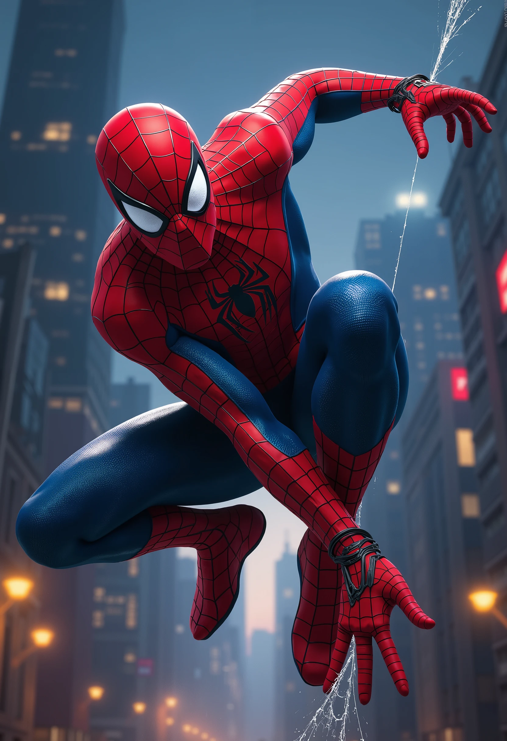 Spider-Man, full-body portrait, web-slinging action pose, dynamic mid-air web shooting, detailed facial features, intense expression, muscular build, red-and-blue suit, web-shooter gauntlets, city skyline background, night scene, glowing city lights, dramatic lighting, comic book art style, digital painting, 8K, ultra-detailed, hyperrealistic,vibrant colors,cinematic,dramatic shadows
