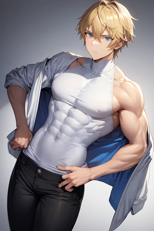 A handsome, muscular, handsome man with two blonde hair, shirtless.