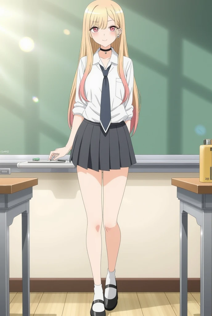 nsfw,1girl,1 person、toloverumy, my, Yellow Hair, Long Hair, Red eyes, 
break school uniform, shirt, white shirt, bow, green bow, sweater, light brown sweater vest, Short sleeve,
break indoors, classroom,　　　　　　　　　　
break looking at viewer, Cowboy Shot,（(White panties)）、Panty shot、bottomless,（,arms behind back,）
break (masterpiece:1.2), Highest quality, High resolution, (figure:0.8), 