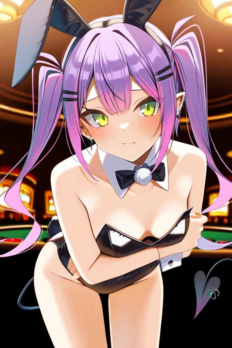 NSFW,masterpiece,Highest quality,High resolution,Very detailed,white\(no game No life\),Small breasts,ponytail,Bunny ears,Playboy Bunny,casino,Dissatisfied face,blush,Naughty Service,From the side