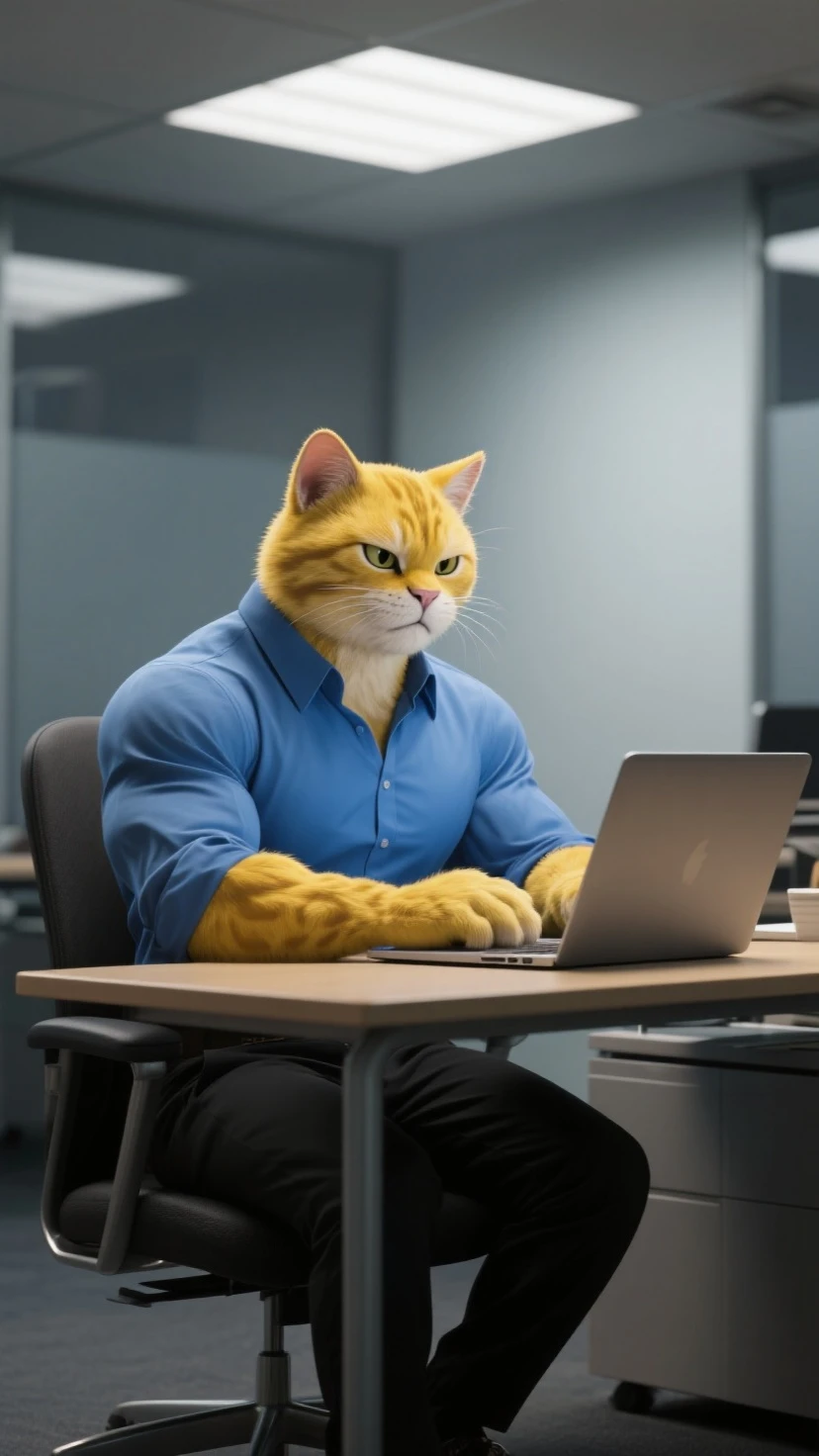 Adult Gray cat is muscular, he is like a human, his hands are like a human&#39;s. He is sitting at work in the office.