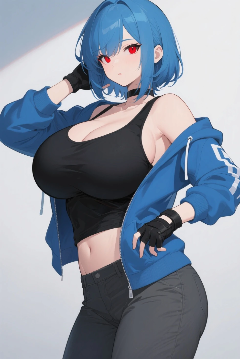 a girl with blue hair blue eyes and big tits and a shark tail in a hoodie with a black skirt