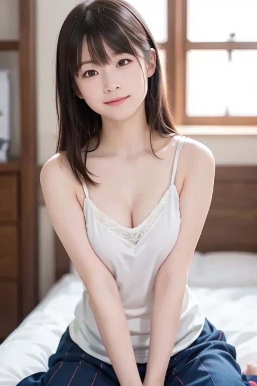 masutepiece, Best Quality, One girl, (Beautiful Girl:1.3), (16 years old:1.2), Very fine eye definition, (Symmetrical eyes:1.3), NSFW, (Put out naked, Cute sleeveless:1.3), Beautiful breasts, Brown eyes, Parted bangs, Brown hair, Upper teeth,Bedrooms,A smile,profile,Transverse breasts,Angle seen from the side,Fold your hands behind your back,