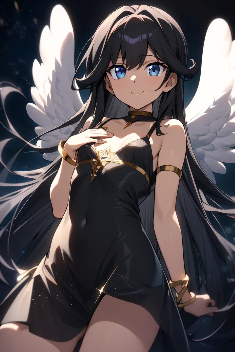 (angel girl:1.2), (1 person:1.2),(10 year old girl)、young girl、big breasts、 nffsw、shader、highly detailed eyes、big breasts、loose and fluffy long hair,,、underboob、Glossy cleavage、blue hair、angel wings、silky hair、Angel attire(Black thin dress、plain colors、mini skirt、plain colorsのシルク手袋)、Very complex pupils、highest quality、bright colors、Bust 100、rests、Standing picture of the game、Stirring composition、Composition looking up from below、Lift your with your hands、Pose that emphasizes the chest、fold your arms、grinning expression、eyes half closed、open your mouth、stinky eyes、evil face、bullish smile、fold your hands behind your back、Hide your hands、evil smile、whole body、god々new