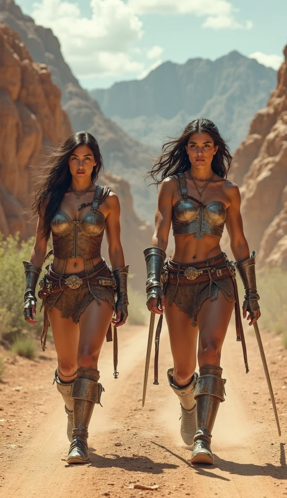 Black-haired Zendaya, red-haired Michelle Pfeiffer, and blonde-haired Jennifer Lawrence are three Amazonian women, all tanned slim beautiful prehistoric women, with large breasts, dressed half-naked in small short loincloths from 10000000 years ago. They stand, armed with a wooden spear, outside in front of the cave in which they live. The cave is sealed with skins. They stand ready to defend themselves.
