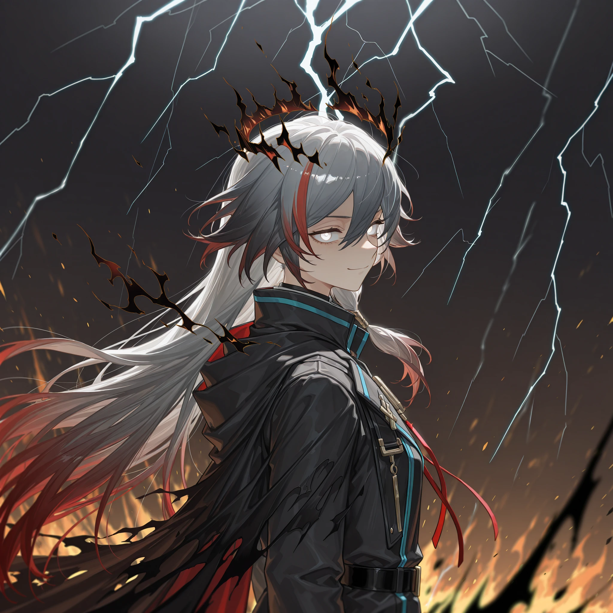 by [arknights|(748cmstyle:0.5)], mature, young adult, masterpiece, best quality, amazing quality, very aesthetic, high resolution, ultra-detailed, absurdres,
1girl, woman, solo, alone,(side shot, front body, upper body focus, three quarter view, medium shot:1.2), (Herrscher of Sentience:0.22), white eyes, smirk, coat, torn cape, fu hua, white eyes, glowing eyes, gradient hair, white hair, gray hair, black hair, red hair, multicolored hair, limbus company, overwhelming power, lightning, black lightning, black flames, black aura,
BREAK, depth of field, volumetric lighting
 