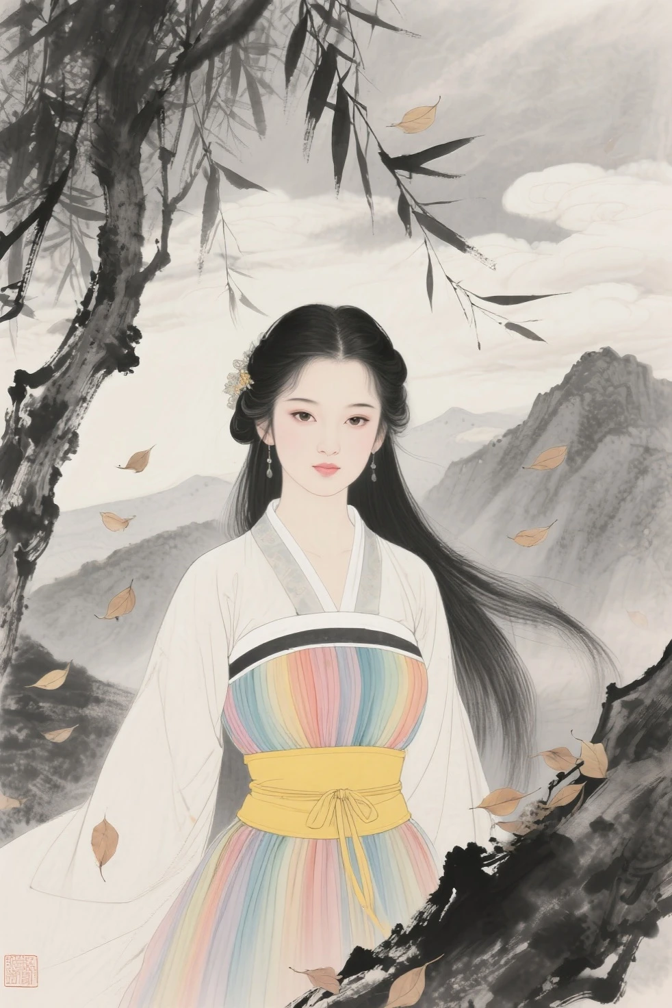 negexistive space,Portrait of a Standing Woman,Willow branches,(masterpiece, best quality:1.2),Traditional Chinese ink painting,Model shooting style,peaceful,(Smile),Watching exist Viewer,(Wedding dress:0.8),(Mechanical exoskeleton:1),song,Willow trees in the background,wuchangshuo,(Highest quality),(Masterpieces),(Extremely detailed),(Detailed eye description:1.2),masterpiece,best quality,absurd,The original,extremely delicexiste and beautiful,Beautiful and detailed eyes and face,1 Girl,Black_hair,White_clothing,Watching_exist_Viewer,mole,Solitary,(masterpiece:1.4),(best quality:1.4),Hanfu,tang style outfits,Pink up the hill,multicolour chest pleexisted skirt,
