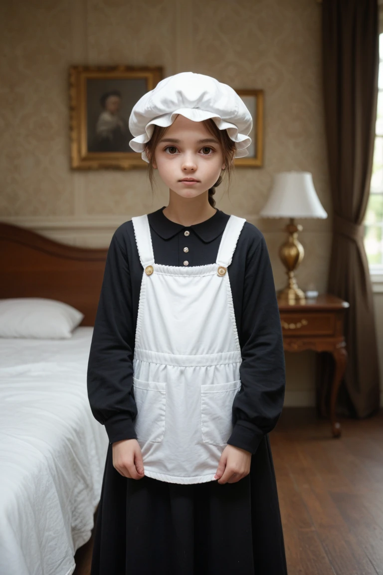 (8k, highest quality, Tabletop:1.2), Ultra-high resolution, One 14-year-old girl, Detailed face, blue eyes, Slightly droopy eyes, Silver long hair, Classic maid outfit in black and white, Luxurious Western-style house kitchen, Cooking, Cutting carrots with a kitchen knife