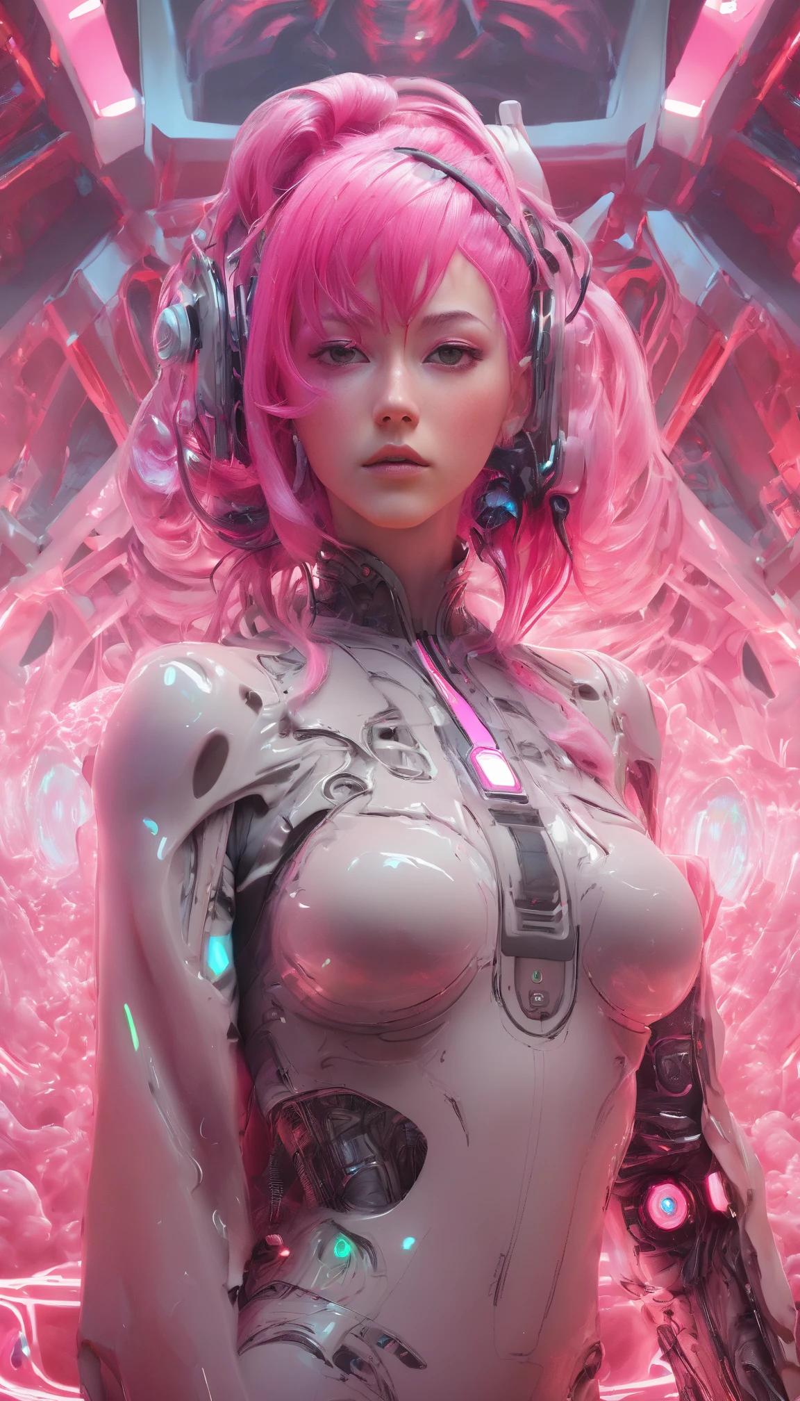 Ultra-realistic, Very detailed, (Pink Short Hair, Brown eyes, Cleavage,Show your chest,Take off your armor, transparent, See-through Armor:1.5, Clothing cutouts, Blurred Background, sf, Exquisitely crafted, Half-mechanical humanoid,Too much exposed skin,cyberpunk ????:1.5 ,whole body), (Inside the spaceship:1.25,White Room,Blur the background:1.5),  masterpiece, Highest quality, Wide-angle, Very detailedな, masterpiece, Highest quality, 8k,High resolution (High Dynamic Range), Maximum clarity and sharpness, Multilayer Texture