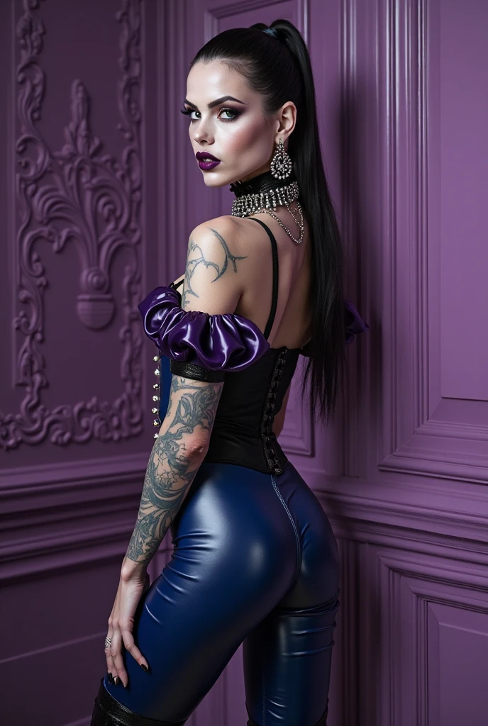 ((masterpiece, best quality)), beautiful woman (Jinx from Arcane), (small breastit, athletic body), (natural skin), legs, (high detail high cut plunging lacey bodysuit:1.3), (seductive expression:1.2), standing, various poses, loungeroom background, (UHD, 8K wallpaper, High resolution), Cinematic lighting, physically-based rendering, award-winning, extremely detailed skin, extra detailed face, high detail eyes, Carl Zeiss 85 mm F/1.4, by Ellen von Unwerth, from behind horny knee high boots kinky big arse