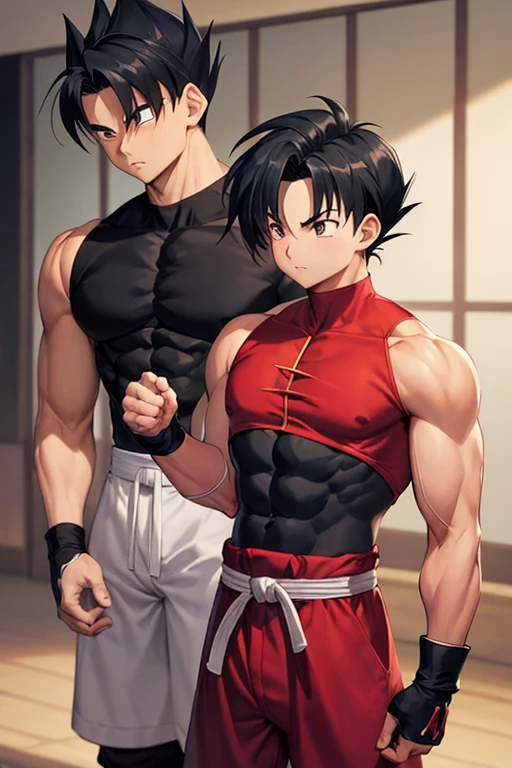 (Masterpiece, Best quality 19 year old boy, simple background, cowboy shot), solo, Young, boy, full bodyesbian, muscler, Shirtless, topless, (Dark Short straight hair, under cut, brown eyes), (red headband, ((black wristband))), Vivid colors, (hot Abs, abs!, big abs, big breast, chest!, muscler upper arms), (topless male), closed mouth, serious, muscler!, muscler body, Man with martial arts stance, (((epic fighting pose, punching pose)))
