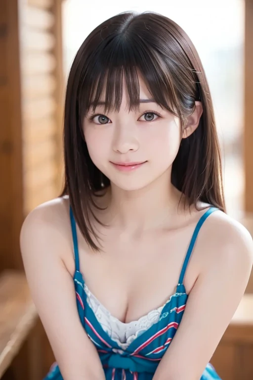 (masutepiece, Best Quality: 1.2), 8K, Official art, Raw photo, Incredibly ridiculous, (Upper body, Swimsuit, ruffle bikini), Beautiful Girl, ((Idol face, japanaese girl, 14 years old), Pony tail, Hair ribbons, Small breasts)), thin legs, Small breasts, slender, Smile, Yuko, Viola, teenager, Beach, Looking at Viewer, No makeup, Film grain, chromatic abberation, Chest Sharp Focus, Face lighting, Dynamic lighting, Cinematic lighting, A detailed face, Background bokeh,