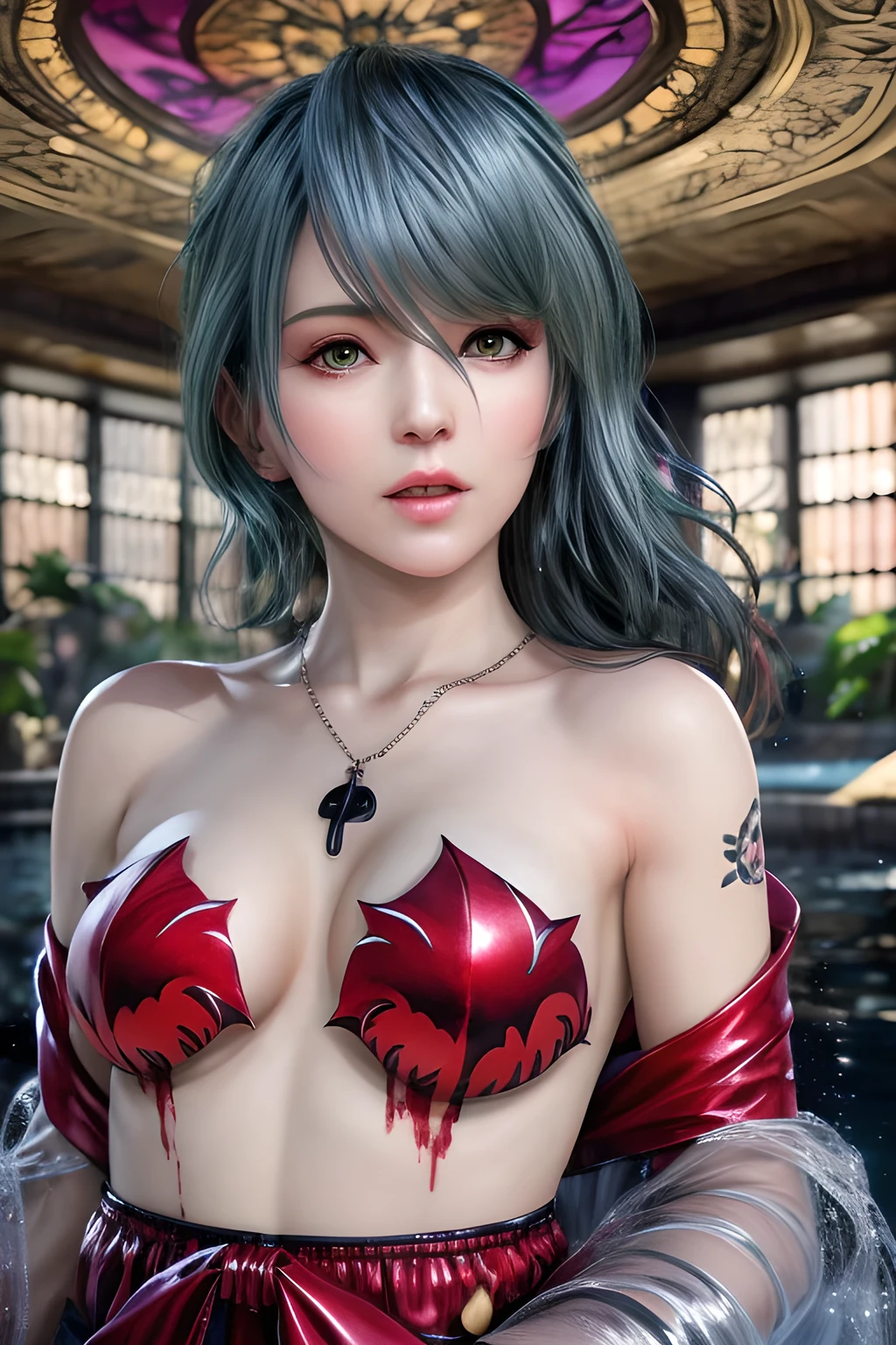 1 girl,standing posture,halter neck, bare shoulders, pantyhose, bodysuit,( see-through:1.2),lingerie, fishnets, nighttime,RED moon,( huge breasts),cleavage,shiny skin, red lips,( tattoos:1.2), masterpiece, best quality, realistic ,Rich artistic colors, 8K,Portrait art,solo, tamaki