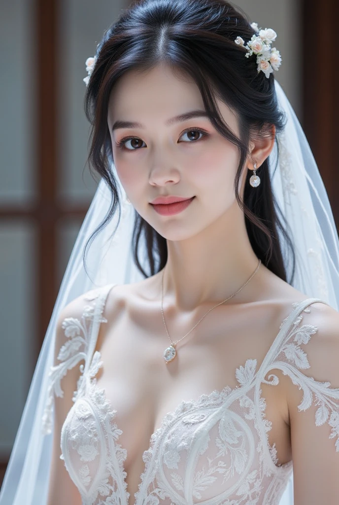 Turbulent posture, (very delicate and beautiful work), (masterpiece), 1girl, girl in wedding dress, veil, lace, high definition, ridiculous, charming expression, smile, beautiful clear eyes, green eyes, delicate necklace, delicate earrings, full body, seaside, simple background blur, ultra-fine depiction, beautiful, attractive, ultra-fine picture, delicate face, delicate figure, thin collarbone, nice lips, beauty big, Soft Back, Mix4, (8k, RAW Photos, Best Quality), Masterpiece: 1.2), (Realistic, Photorealistic: 1.37), One Girl, Cute, Professional Lighting, Photon Mapping, Radiosity, Physically Based Rendering