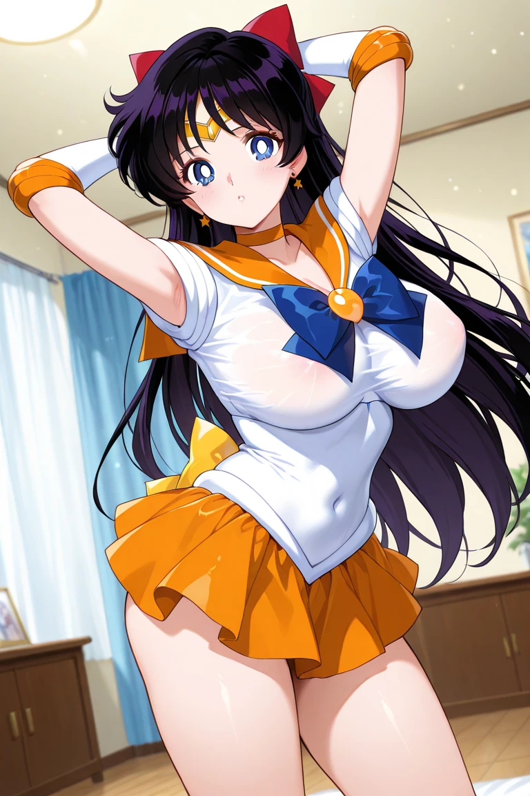 Sailor Senshi Uniform、pantiy、undergarment、s ass、Tiusto shot、Looking at Viewer, View here、Looking at the camera、nffsw、Face exposed to light、Sparkling eyes、Lively eyes、Crisp Contours、Clear contour lines、Clear contour lines、detailed contour aig eyes、Clear eyes、clearly defined eyes、A smile、A smile、Proud face、which are full of confidence々Face、cute  face,((masutepiece)),((Best Quality)),Ultra-detailed,illustratio,explicit,Beautiful body,Beautiful nose,Beautiful character design,Perfect eyes,Perfect face,Wallpaper,超A high resolution,4K,Photography,(Beautiful, Large breasts:1.2),(Beautiful face:1.2),(Beautiful legs, Perfect legs),Shiny skin,official style,1girl in,​masterpiece、Top image quality、Detailed details、One girl，Large breasts、huge-breasted、