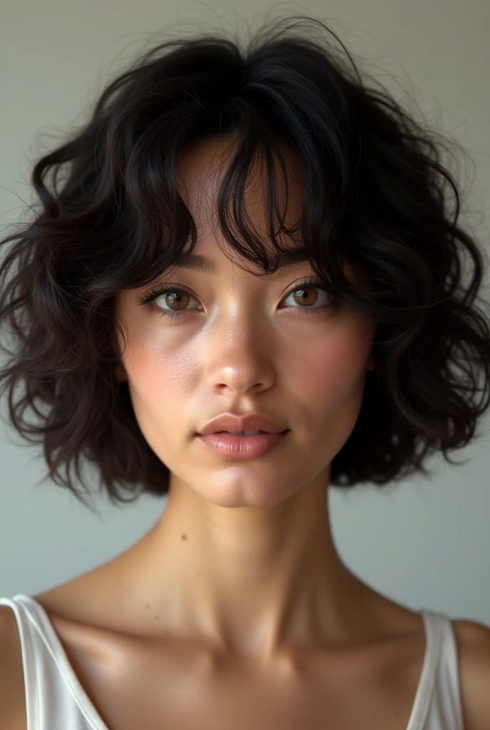 Portraits couleur d'une femme de trente cinq ans au cheveux noir  coupé très court à la garçonne type européen à la peau très clair avec des tâches de rousseur, a very strong nose, posant de face regardant droit devant elle dans un environnement urbain avec un éclairage neutre, with well-shaped and slightly plump lips, elle n'est pas belle mais à beaucoup de charme, She's wearing a black top with thin straps
