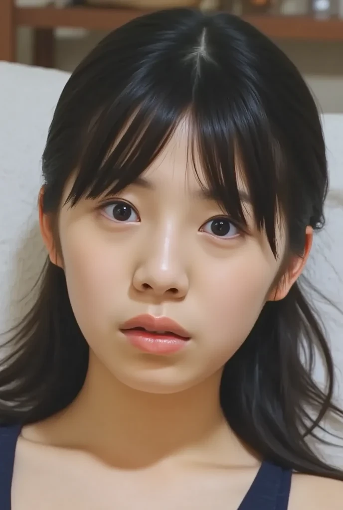 (( Highest Quality )), ((masterpiece)), ( details),     Japanese woman,   two-tone swimsuit   ,  The girl was sleeping on her back  ,     sexy,(  in the bedroom),(((       abnormally large breasts      , Dark colored underwear, short bob hair))),  black hair  , ((           without makeup))