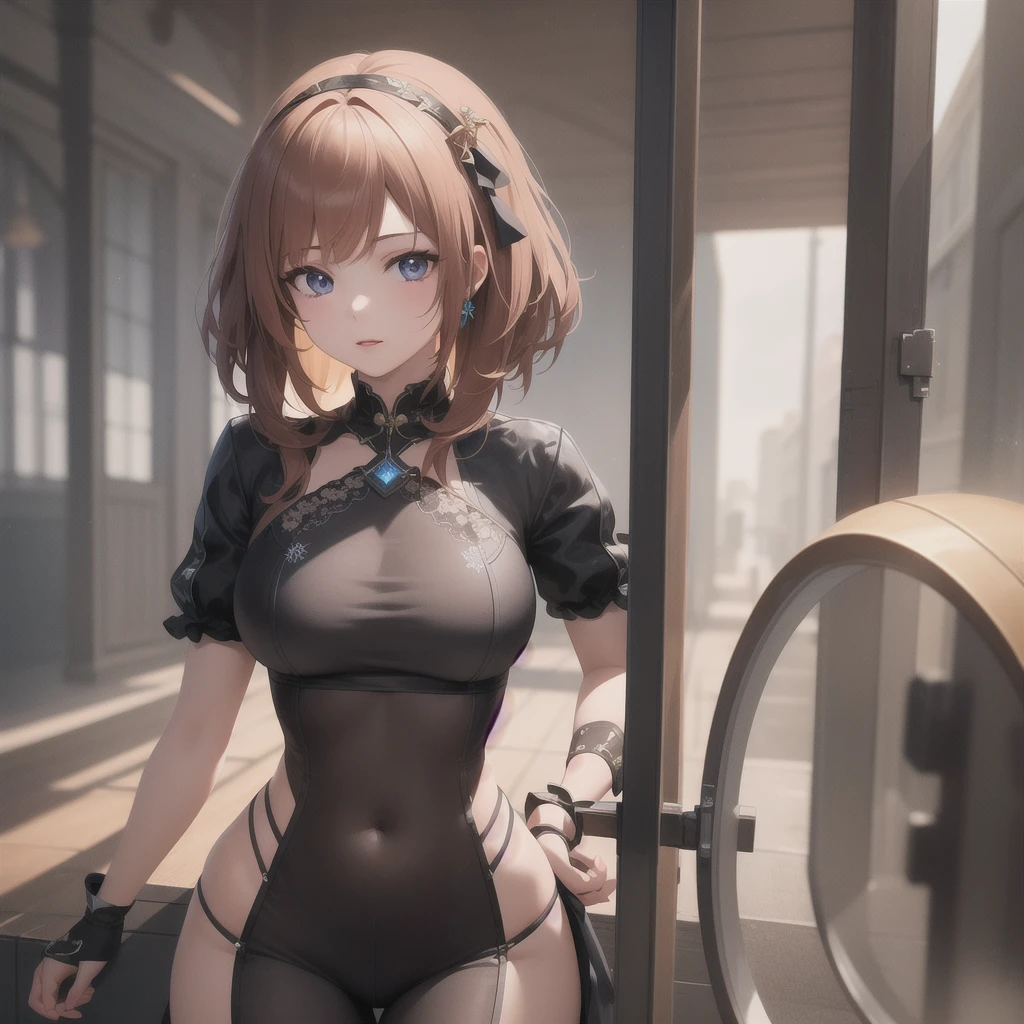 girl, wide hips, sexy, beautiful, redhead, gorgeous, voluptuous, (thigh high socks), beautiful face, curvy, (((arms up))), (((hands on her head))), (disheveled) hairs, (lot of hair), (demon horns), demon girl, [bodysuit | black red dress:0.9], net, fishnet, straps, jewelry, ornements, perfect skin, cyberpunk, stunning,  elegant, particules, best piece, masterpiece, smooth light, detailed, intricate, 50mm, realistic, digital art, photography, digital art, 4k, art, wlop, artgerm, sophie anderson,