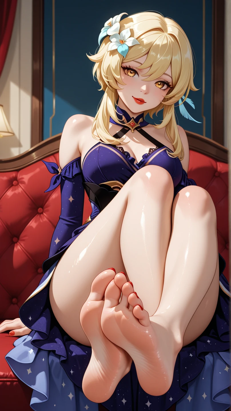 (masterpiece:1.4), (best qualit:1.4), (high resolution:1.4), elsa of arendelle, bedroom, lingerie, one raised eyebrow, legs, blushing, head tilt, cutebarefoot, 5 toes, blue toe nails, Focus full body, sitting on a chair, tied ankles together,tied arms, 