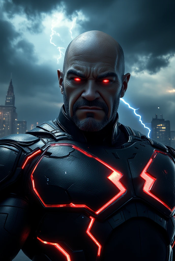 (Kano), 1man , solo, cyborg, (right metal Cybernetic eye), shirtless, bald, (reactor on the chest), hairy chest, tatoo on the left shoulder and left arm, gritting teeth, (holding a knife), black pants with straps, (harnesses), indoors, badass, upper body shot, fighting stance