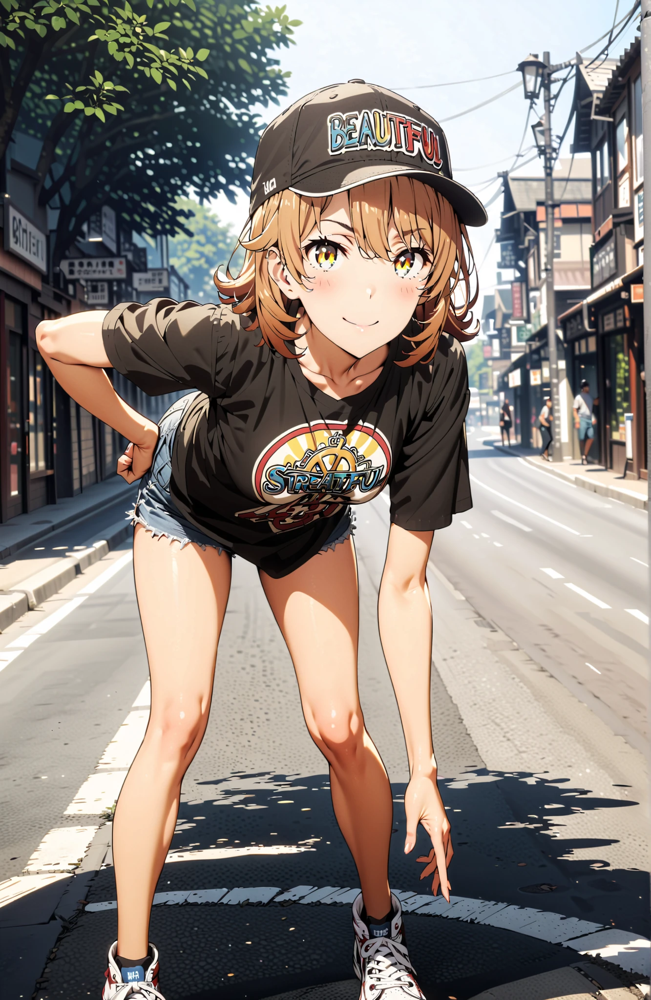 Iroha Isshiki,half up do,short hair,oversized t-shirt,denim micro shorts,Bare legs,sneakers,Baseball hats,standing,bending forward,peace sign,smile,blush,grinning,Beautiful Scenery, Beautiful Streetscapes,Daytime summer,,in their 40s outdoors,Coastal Road,strand,
in their 40s looking at viewer,full body,
in their 40s (masterpiece:1.2), best quality, high resolution, Unity 8Kの壁紙, ( 's art :0.8), (beautiful detailed eyes:1.6), very detailed face, perfect lighting, Highly Detailed CG, (perfect hand in h, Completed),