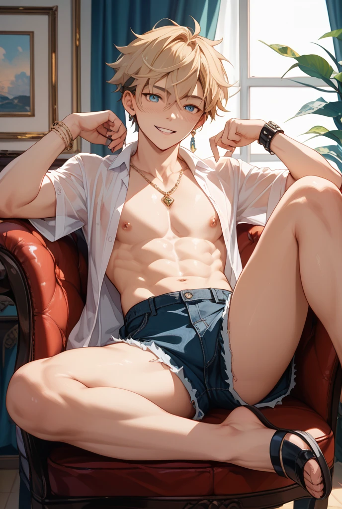 score_9, score_8_up, source_anime, standing, hellsing, seras, femboy, twink, shorts, otoko no, crop top, indoors, ikuchan, smug, smirk, hung, laying down, on couch, couch, spreading legs